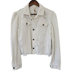 Elan Distressed Button Up Denim Jean Jacket Frayed Hem Womens Size S White NWT